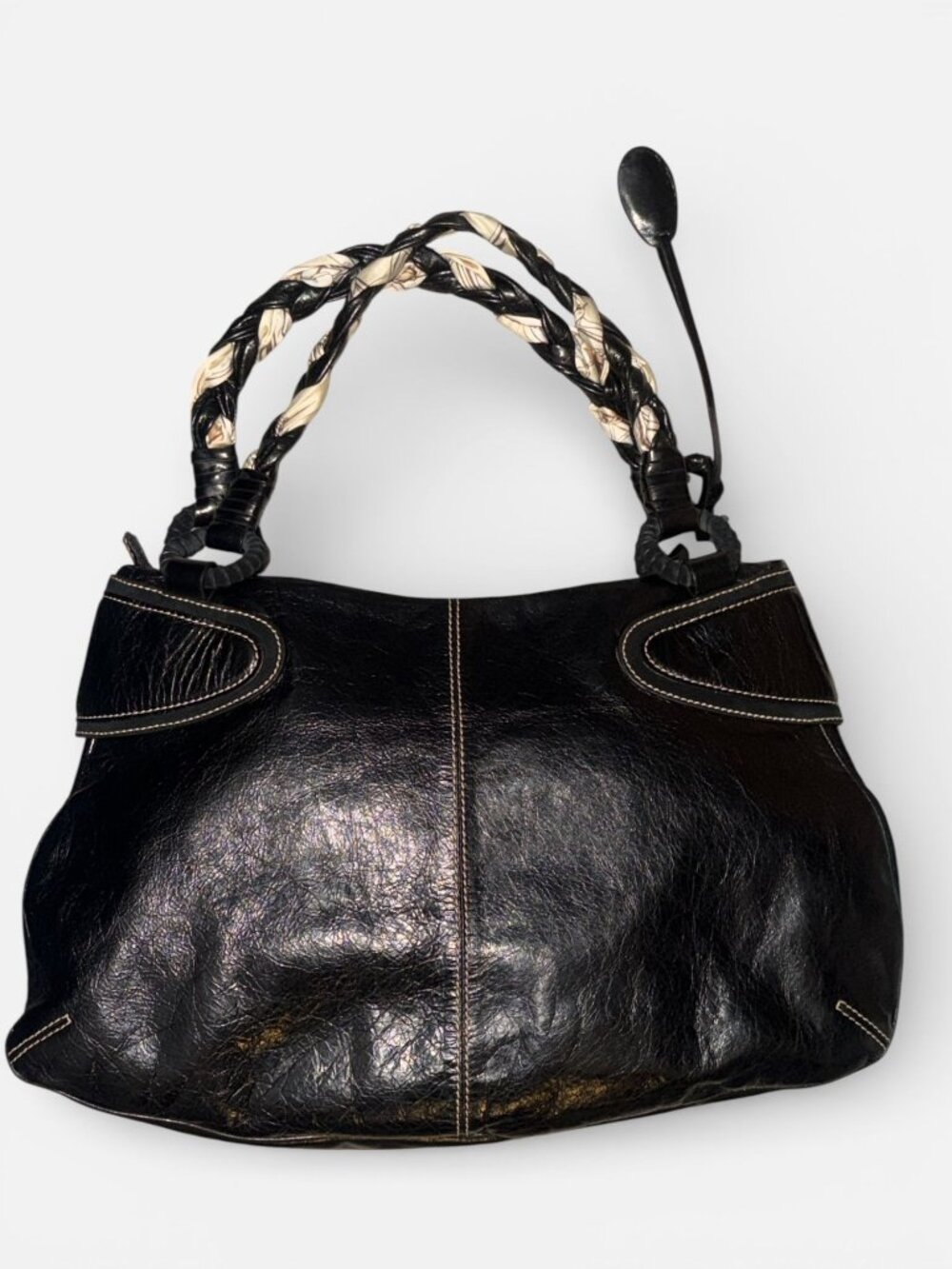 Francesco Biasia Braided Handle Hobo Black Glazed Leather Shoulder Bag Boho - Picture 4 of 9